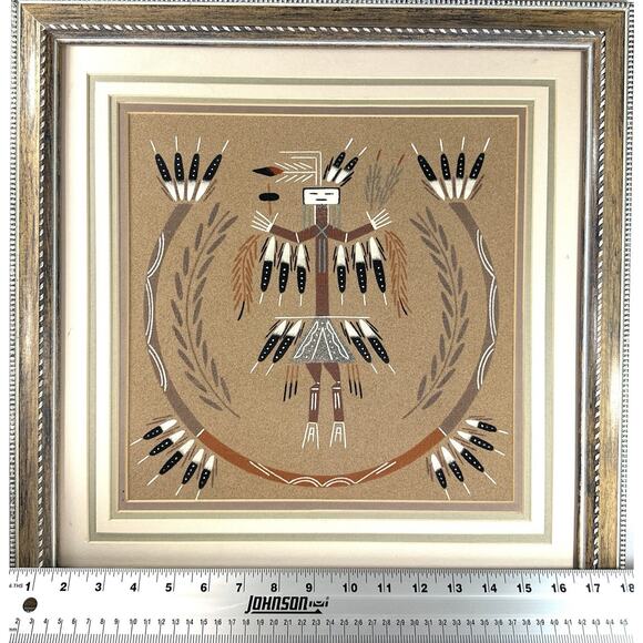 Navajo Yei Sandpainting Framed Artwork 18x18 Southwestern Native American Art - Picture 3 of 6